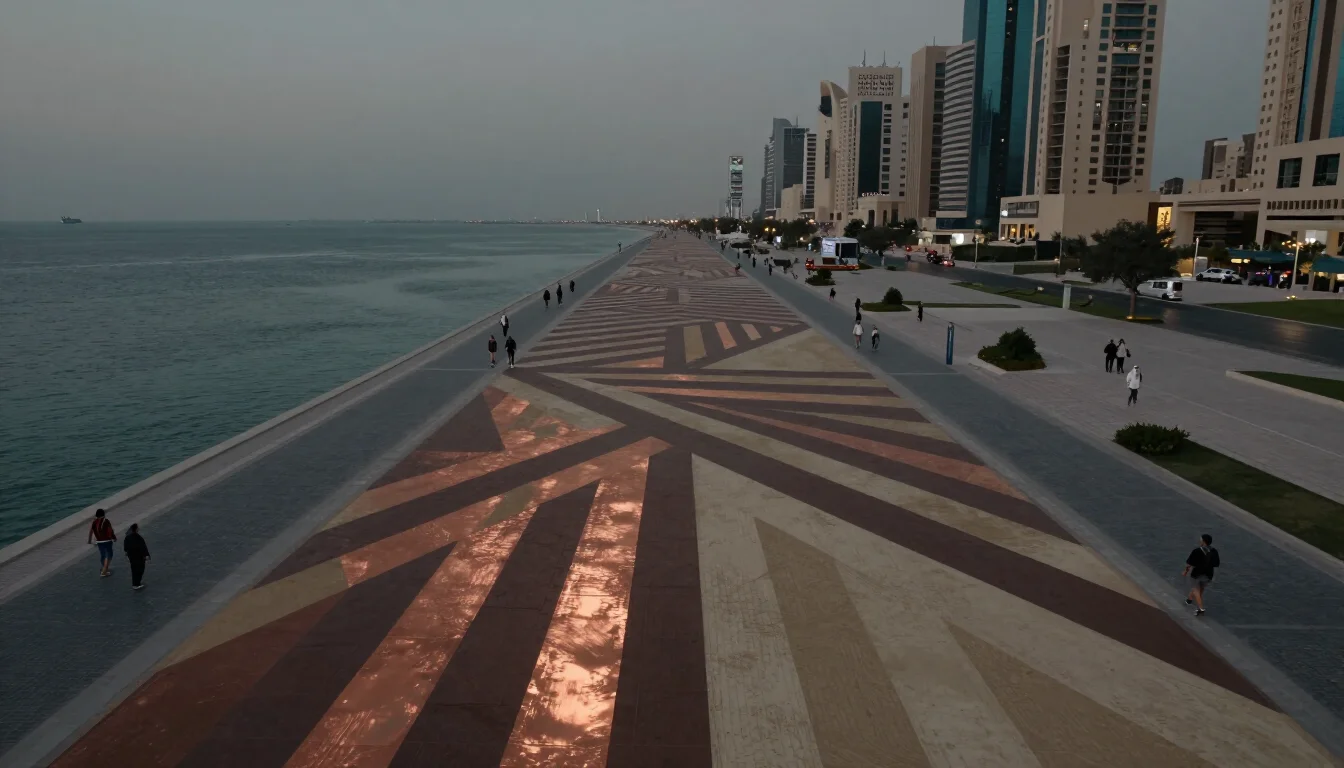 Monumental anamorphic ground artwork stretching along an urban waterfront promenade at dusk
