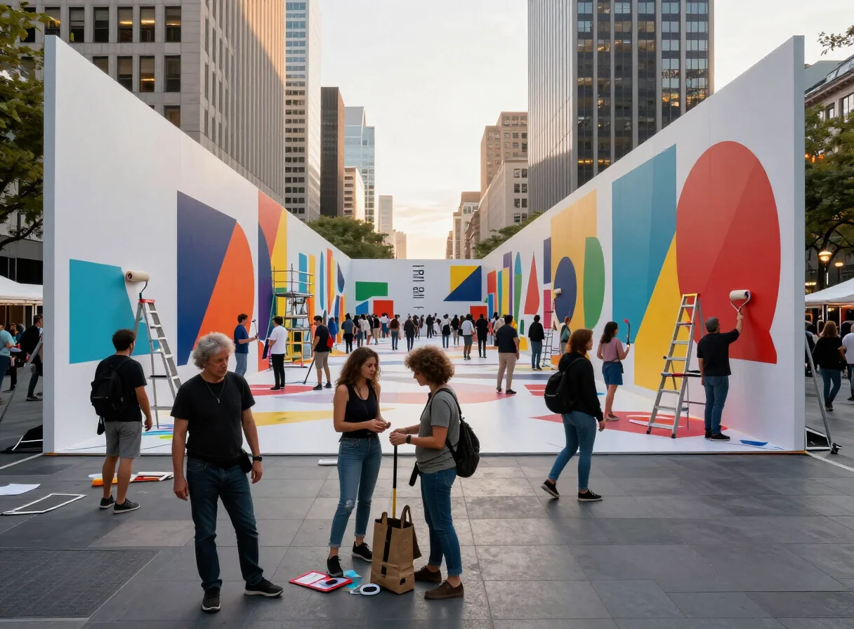 International artists collaborating on a monumental anamorphic public-art installation in a city plaza