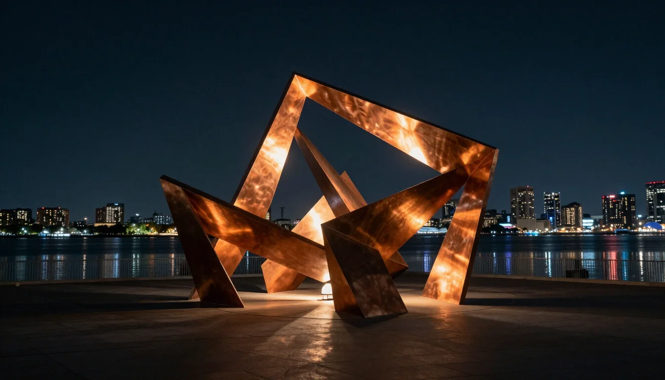 Illuminated contemporary public art installation on a city waterfront at night