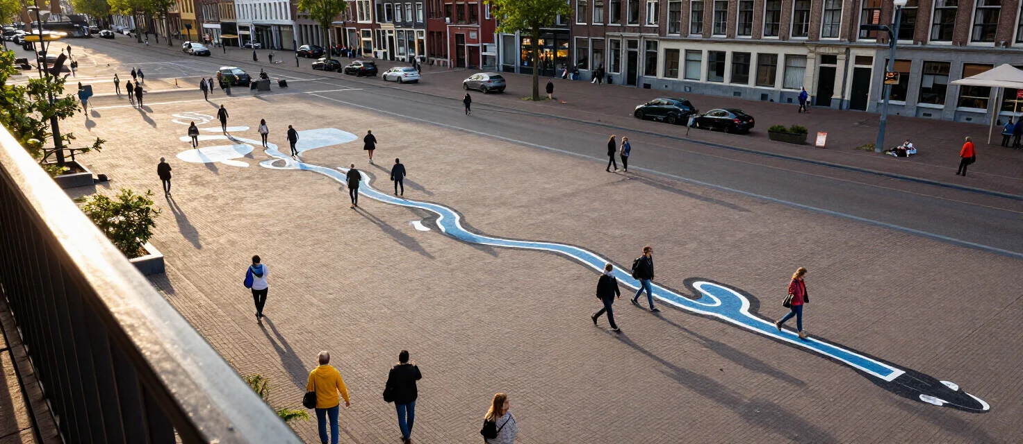 People of many nationalities crossing a vast anamorphic street painting in a city square