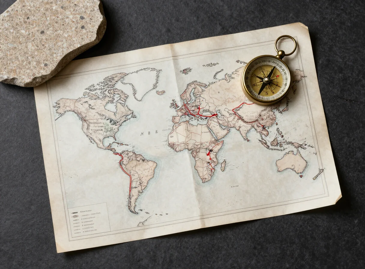 Old paper map with hand-drawn route lines, a bronze compass and a limestone swatch